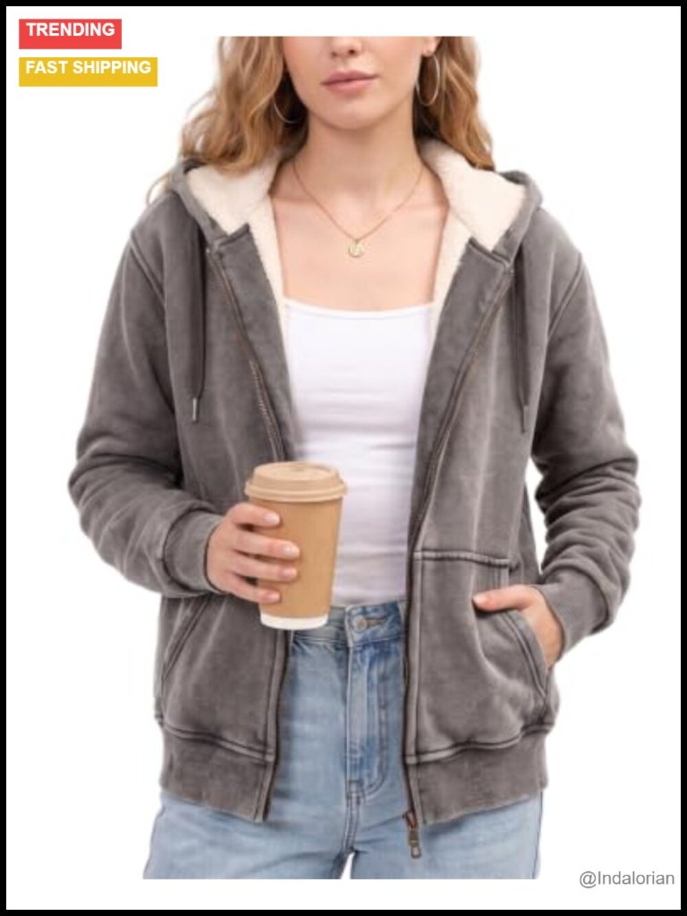 Warm Sherpa Lined Acid Wash Full Zip Hoodie Fleece Jacket for Women